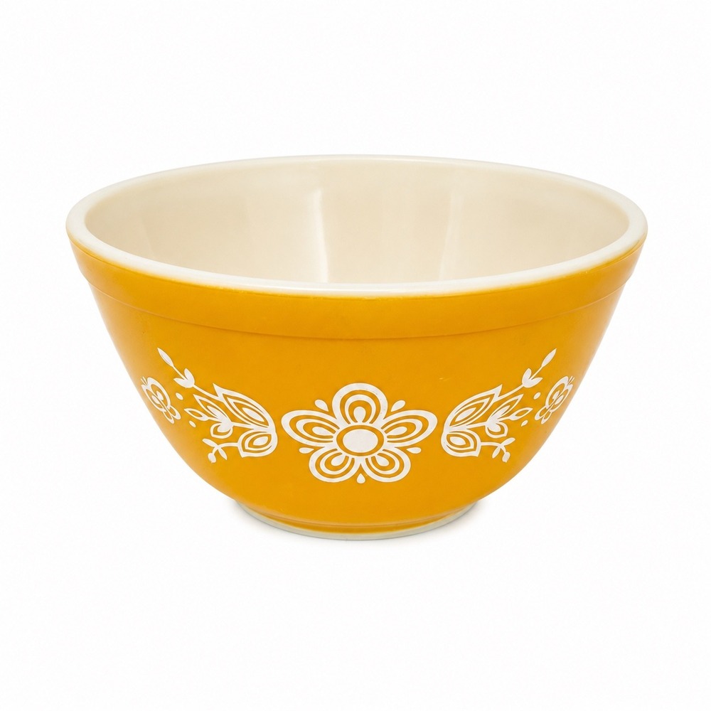 Vintage 70s Pyrex Butterfly Gold 401‎ Mixing Bowl 1.5 Pt Mustard Yellow Floral